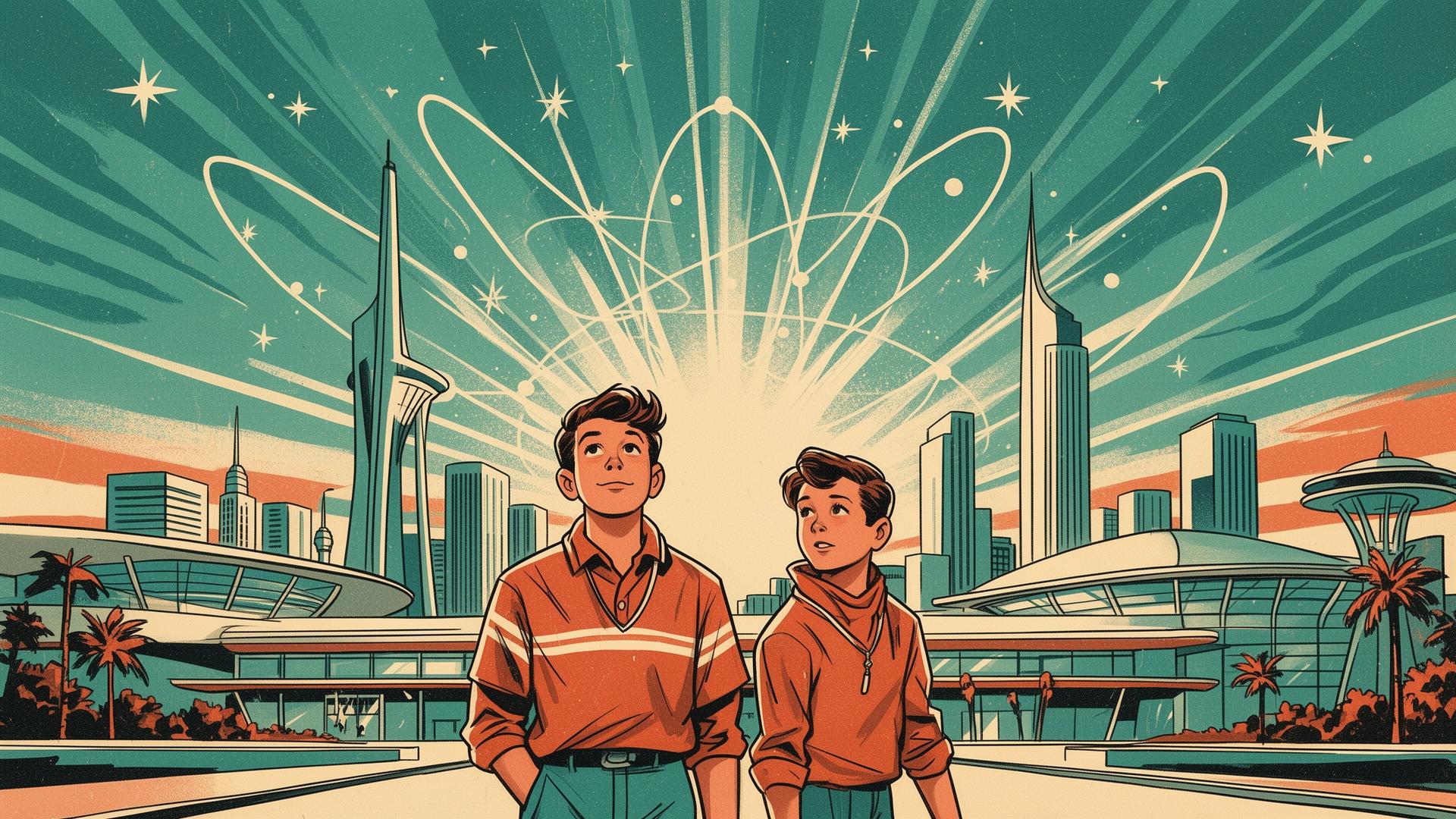 Two brothers gazing at a retro-futuristic city